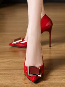 Zapatos de tacón alto de charol francés para mujer Zapatos planos sensuales negros con tacón de aguja y punta afilada para mujer - Rojo - Ver 6