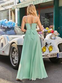 Chiffon Spaghetti Strap Backless Maxi Dress For Bridesmaids, With Knot Detail And Slit Design, Showcasing Elegant Charm - Mint Green - View 3