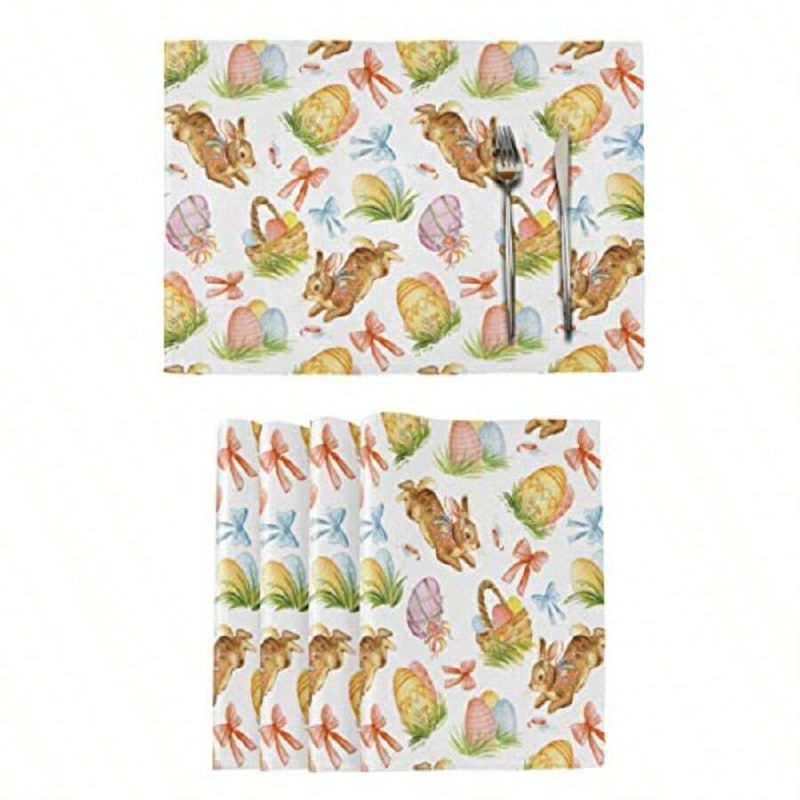 Easter Placemats Set Of 6 Watercolor Easter Rabbit Egg Placemat Table Place Mats For Dining Kitchen Table Washable - Pattern4 - View 1