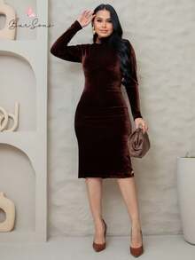 Crystal Velvet Long Sleeve Midi Dress Autumn Winter - Rust Brown - View 2