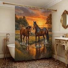 1 bộ rèm tắm tranh sơn dầu hoàng hôn và ngựa bên suối kèm móc treo, rèm phòng tắm phong cách thiên nhiên mộc mạc, rèm phòng tắm hình ảnh ngựa oai vệ dưới bầu trời vàng cho trang trí phòng tắm kiểu miền Tây, đồ dùng phòng tắm phong cảnh sống động, đồ dùng phòng tắm thư giãn cho người yêu động vật, rèm phòng tắm nổi bật cho phòng tắm phong cách trang trại, rèm tắm phòng tắm cho việc cải tạo nhà kiểu trang trại. - màu nâu - Xem 2