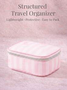 Cute Pink & White Stripe Makeup Bag With Compartments,Nylon Travel Essentials Cosmetic Bag Organizer Toiletry Bag For Women Girls, Simple Pink Portable Storage Bag With Four Different Sizes To Choose From, Suitable For Home Storage, Cosmetics Storage, Cute Appearance, Suitable As A Gift - 吐司麵包(粉紅色) - 查看 1