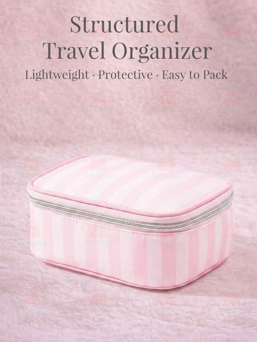 Cute Pink & White Stripe Makeup Bag With Compartments,Nylon Travel Essentials Cosmetic Bag Organizer Toiletry Bag For Women Girls, Simple Pink Portable Storage Bag With Four Different Sizes To Choose From, Suitable For Home Storage, Cosmetics Storage, Cute Appearance, Suitable As A Gift - 吐司麵包(粉紅色) - 查看 1