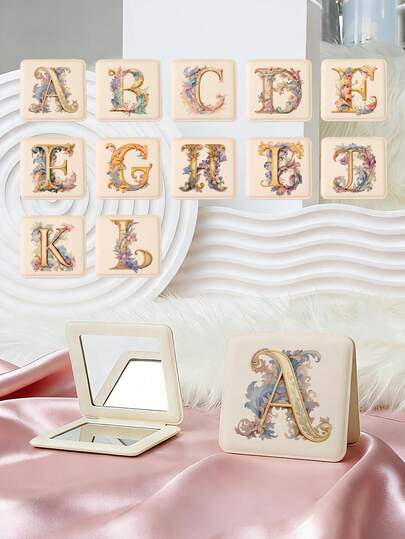 1pc Vintage European Style Letter Series Portable Vanity Mirror, Foldable Lightweight Ultra-Thin Convenient Hand Mirror, Durable Full Leather, Suitable For Various Occasions And All People, Foldable Square Compact Mirror For Carrying