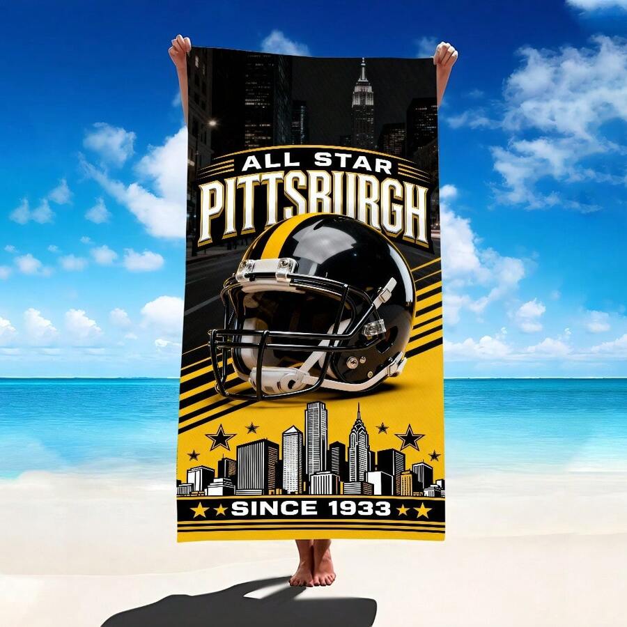 1pc Pittsburgh Football Helmet Design Beach Towel, Super Soft Microfiber Extra Large Beach Blanket, Super Absorbent Bath Towel, Suitable For Travel, Pool, Diving, Surfing, Yoga, Camping, Available In Multiple Sizes, Beach Accessories For Beach, Pool, Travel, Camping, Yoga Bathroom Decor - A - View 1