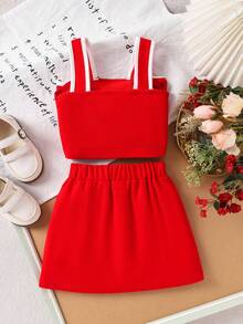 2pcs Young Girls Elegant Camisole Crop Top + Mini Skirt Set, Urban Chic Summer Outfit - Red - View 2