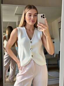 Elegant Women's Modal Vest With Buttons - Rose Red - View 7