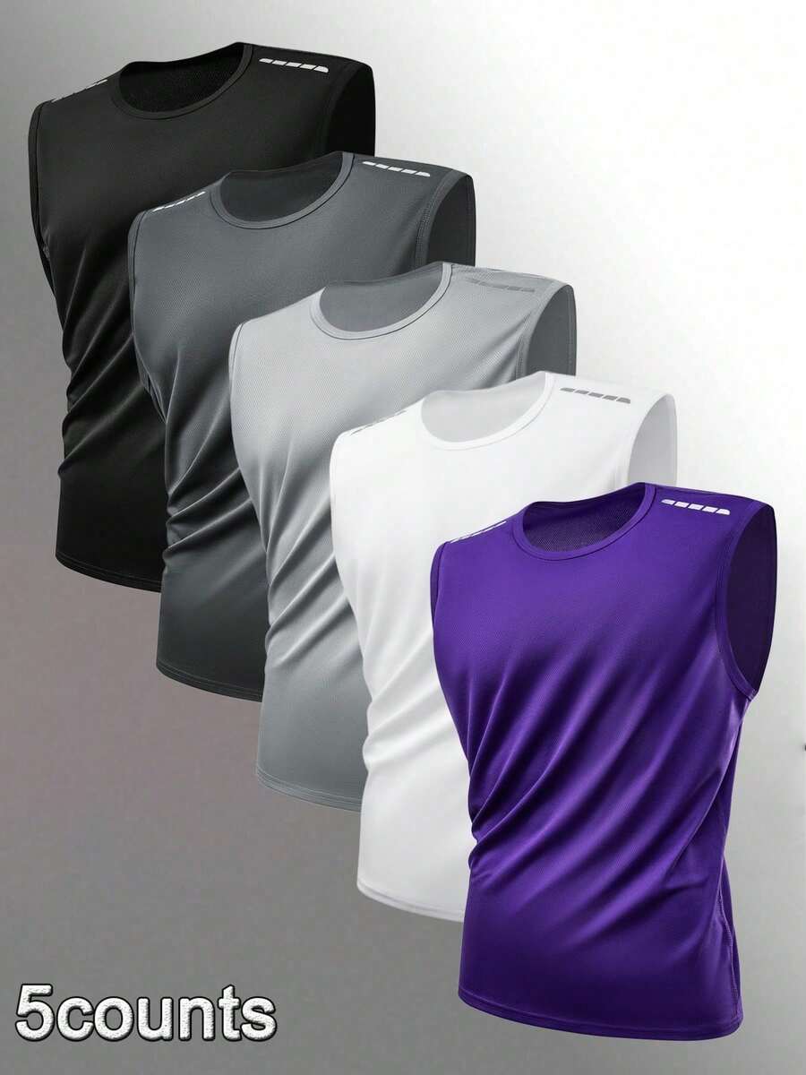 5pcs/Set Solid Color Short Sleeve Quick Dry Breathable Gym Workout Pocket Training Tee Shirts Summer - Purple - View 1
