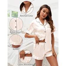 Pijamas de Seda, Conjunto de Pijama de Satén de Manga Corta con Botones, Diseño de Volantes - Blanco y Negro - Ver 3