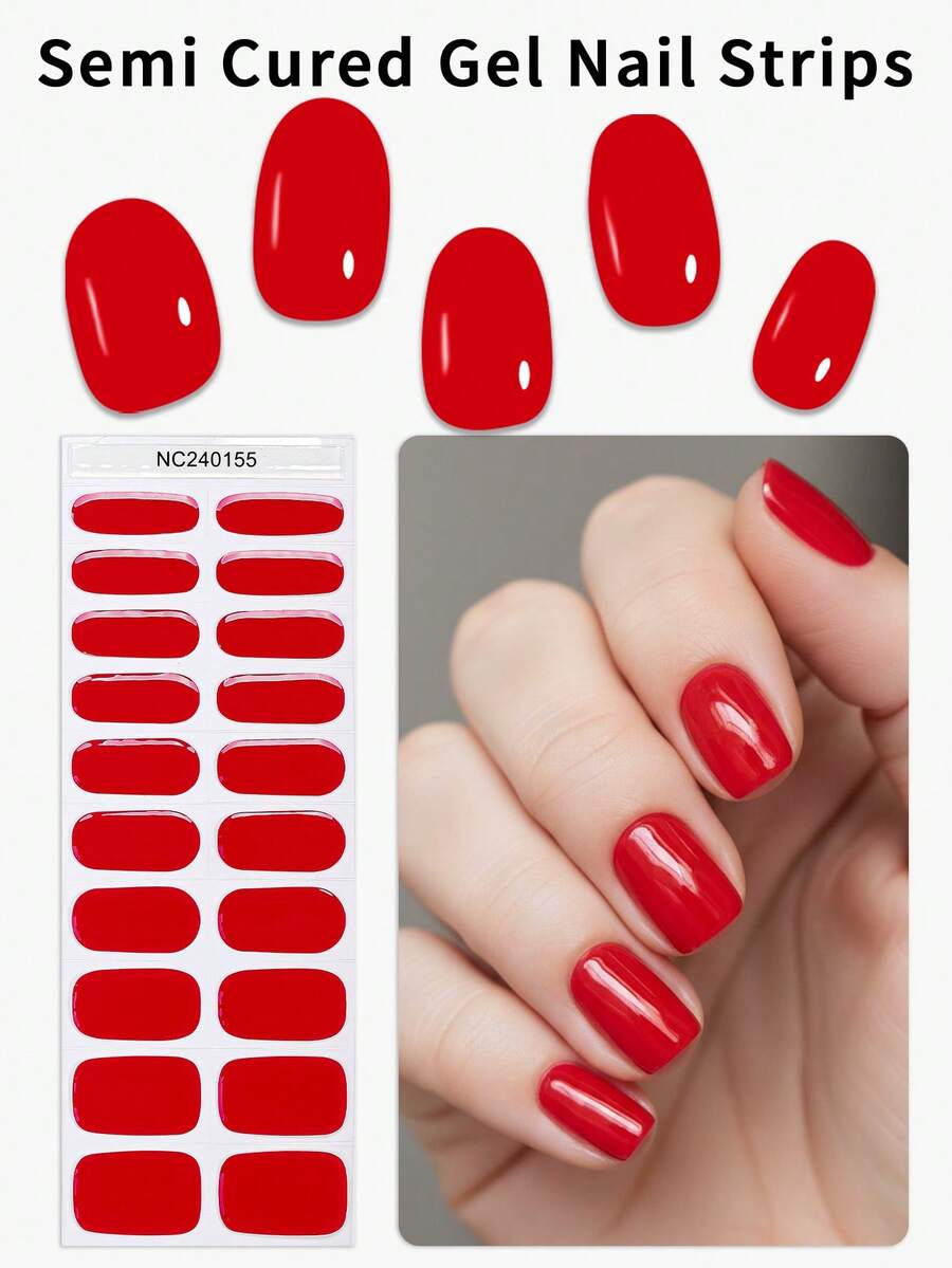 20 miếng dán móng tay gel bán khô, màu đỏ, chất lượng salon, cần sử dụng với đèn UV, thích hợp cho nữ giới tự làm móng tại nhà. Dụng cụ làm móng - Đỏ - Xem 1