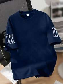 Áo thun ngắn tay dáng rộng thoải mái, thoáng khí, thiết kế phong cách retro LA Academy dành cho thiếu niên nam, trang phục thường ngày mùa hè ở trường, áo nam. - Màu xanh hải quân - Xem 2