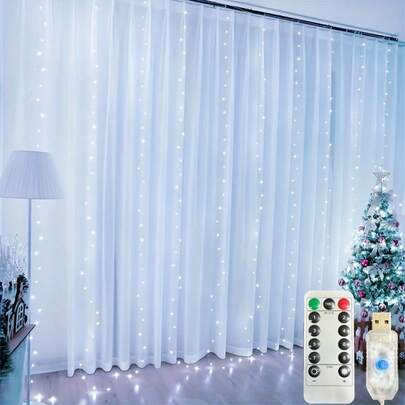 600/300/200/100 LED USB Remote Control Curtain Fairy Lights, 8 Modes, Suitable For Christmas, Wedding, Ramadan, New Year, Valentine's Day Decoration, Fit For Curtains In Living Room And Bedroom