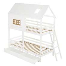 Våningssäng för barn med charmiga fönster och tak, en stadig ribbotten och stege, plus två stora lådor. Furu + MDF + plywood, vit + naturfärgad, 90 x 200 cm - Vitt - Visa 7