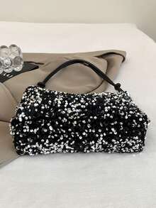 Women Silver Sequin Shoulder Bags Zipper Closure Underarm Handbag Solid Color Tote Handbag For Wedding Prom Parties Travel - A - View 6