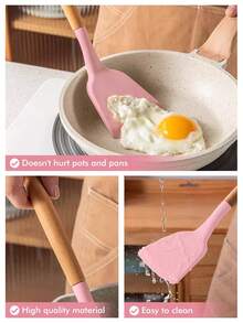 Meoky 12pcs Wooden Handle Silicone Kitchen Utensil Set, Heat Resistant Non-Stick Cooking & Baking Tools, Suitable For Kitchen - Pink - Regular - View 5