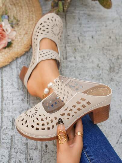 Women's Hollow Carved Thick Heel Mule Shoes, Retro Closed Toe Slip-On Sandals