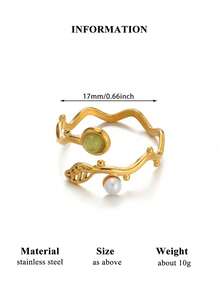 18K Gold Plated Stainless Steel Wave Leaf Zirconia Ring With Faux Pearl Decor, Fashion Green Jewelry For Women, Wedding, Holiday, Christmas Birthday Gift - Multicolor - View 12