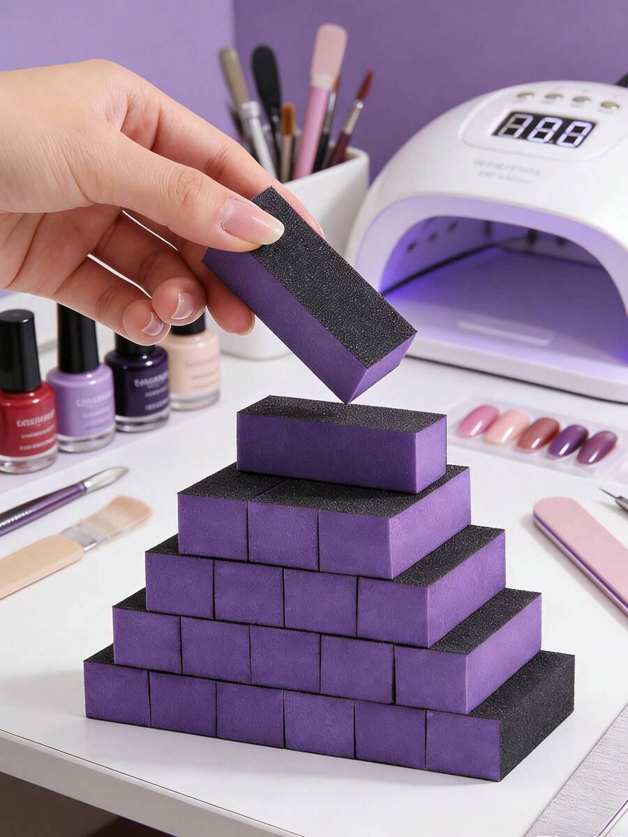 20/10/5/1pcs Nail Polishing Sponge Sandpaper Files, 80/120 Grit, 3-Sided Nail Files, Suitable For Nail Art Tools (Purple And Black) - Multicolor - View 1