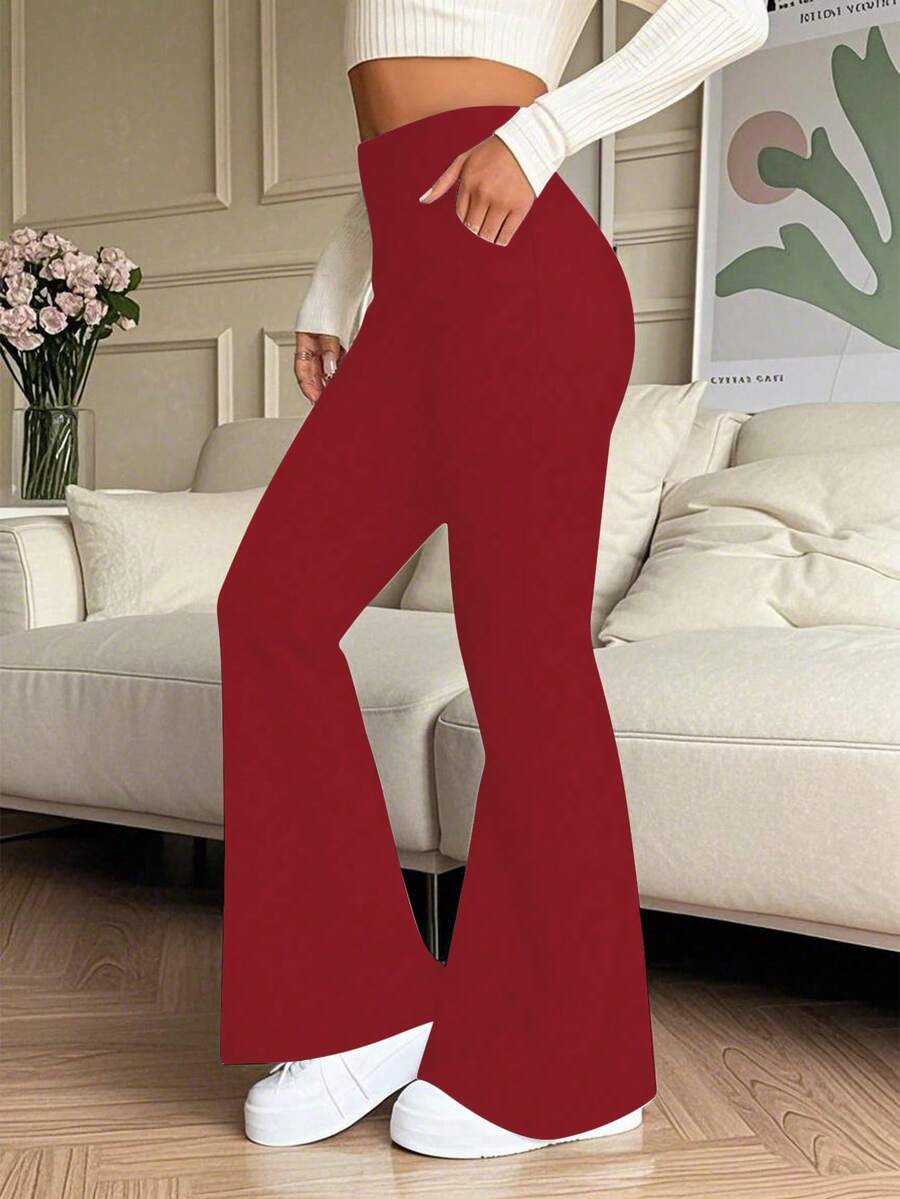 女士高腰纯色喇叭裤，带侧袋，适合休闲、运动、瑜伽、紧身打底裤、跑步、健身等场合。 - 紅色 - 查看 1