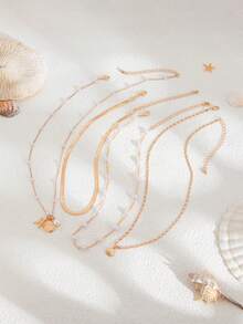 4pcs/Set Ocean Holiday Geometric Fine Chain Faux Pearl Beaded Flat Snake Chain Starfish Scallop Pendant Necklace, Elegant Luxury, Suitable For Wedding, Party, Beach, Casual, Street Style, Women & Couples, Holiday & Birthday Gift - Gold - View 7