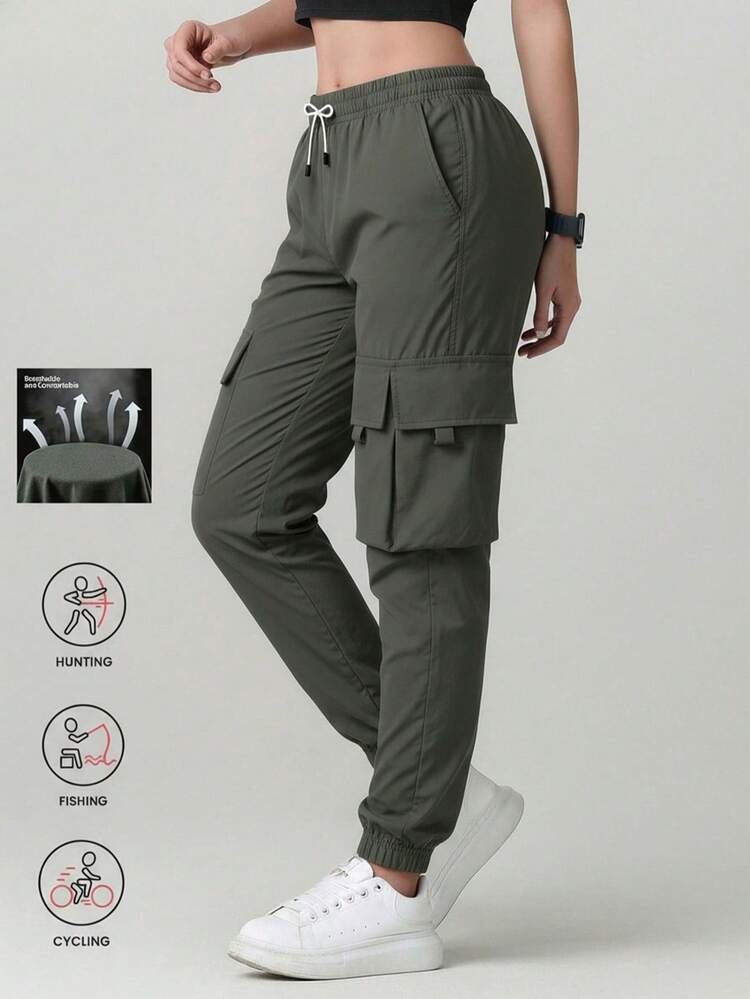 Women's Casual Cargo Pants For Spring/Summer, Lightweight & Breathable With Large Pockets, Suitable For Everyday Casual Wear - Dark Grey - View 1