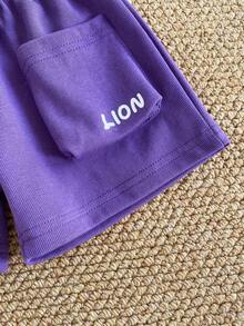 Cute Lion Colorblock Set! Yellow Striped T-Shirt With 3D Lion Ears & Colorful Mane, Paired With Purple Shorts + LION Pocket, Ribbed Fabric Breathable & Skin-Friendly, Full Of Childlike Charm, Comfortable & Eye-Catching - Yellow - View 5