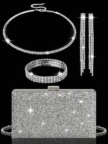 4-Piece Evening Jewelry Set With A Sparkling Rhinestone Clutch Box Bag, Luxurious New Ladies' Shoulder Evening Bag, Paired With A Rhinestone Pendant Necklace, Earrings, And Bracelet, Perfect With Women's Sparkling Dresses And Banquet Gowns, Suitable For Parties, Dinners, Gatherings, Balls, And Weddings. - Silver - View 1