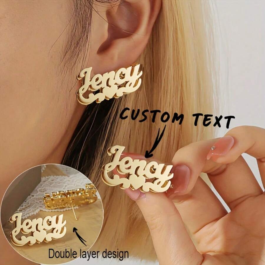 Custom Name Double Layer Earrings ,Personalized Heart Crown 3D Nameplate Earrings, Fashion Women's Earrings, Suitable For Daily, Anniversary Gift - Gold - View 1
