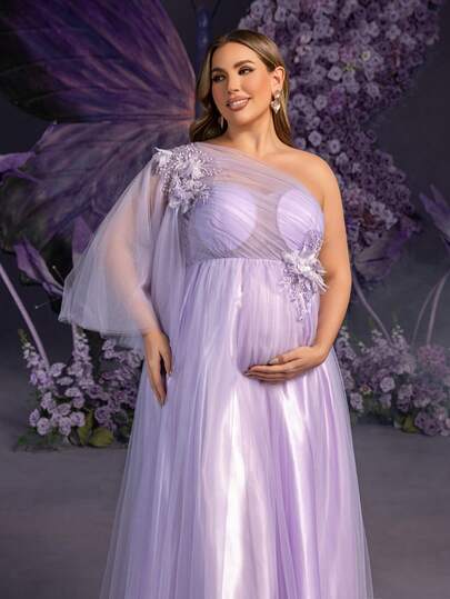 Faeriesty Elegant Maternity Plus Size Lavender Asymmetric Shoulder Bell Sleeve Maxi Party Gown For Women, 3D Floral Appliques On Upper Bodice For Romantic Dimension, Perfect For Spring Weddings, Mother's Day Celebrations, Baby Shower Events