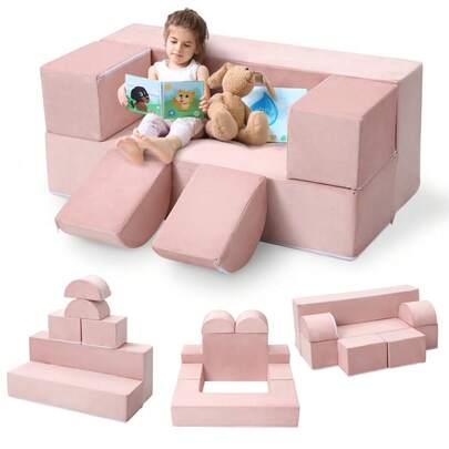 Sofá de juego modular de 6 piezas para niños: sofá convertible, cómodo y de juego para la habitación de los niños, mobiliario creativo para leer, jugar y construir guaridas en gris oscuro (100 x 40 cm por módulo).
