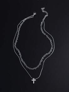 1pc Elegant Zirconia Inlaid Cross & Heart Pendant Dual Layer Necklace, Suitable For Women's Daily Dates, Music Festivals - Silver - View 5