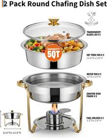 5 QT Round Chafing Dish Food Warmer - Servidor Buffet de Acero Inoxidable con Tapa Transparente y Soporte de Combustible, Chafer de Oro para Boda, Fiesta, Restaurante Catering - Paquete de 4 - Ver 6