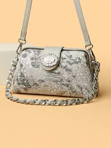 迷你优雅纯色夹扣金属链条手柄女士手提包，休闲简约单肩托特包，适合购物、钱包、通勤，适合年轻女性、大学生、新人及上班族女性。是办公室、大学、工作、商务、通勤、户外、旅行和郊游的理想之选。 - 淺灰色 - 查看 10