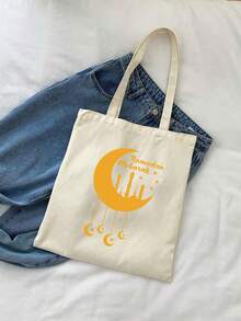 Moon & Star Pattern Canvas Tote Bag, Reusable Printed Handbag, Fashion Shoulder Bag, Portable Shopping Bag, Backpack, Large Capacity Messenger Bag, Casual Carry Bag, Holiday Storage Bag, Suitable For Work Commute, School, Shopping, Teacher Gift, Friends, Girlfriend, Vacation Travel - Multicolor - View 12