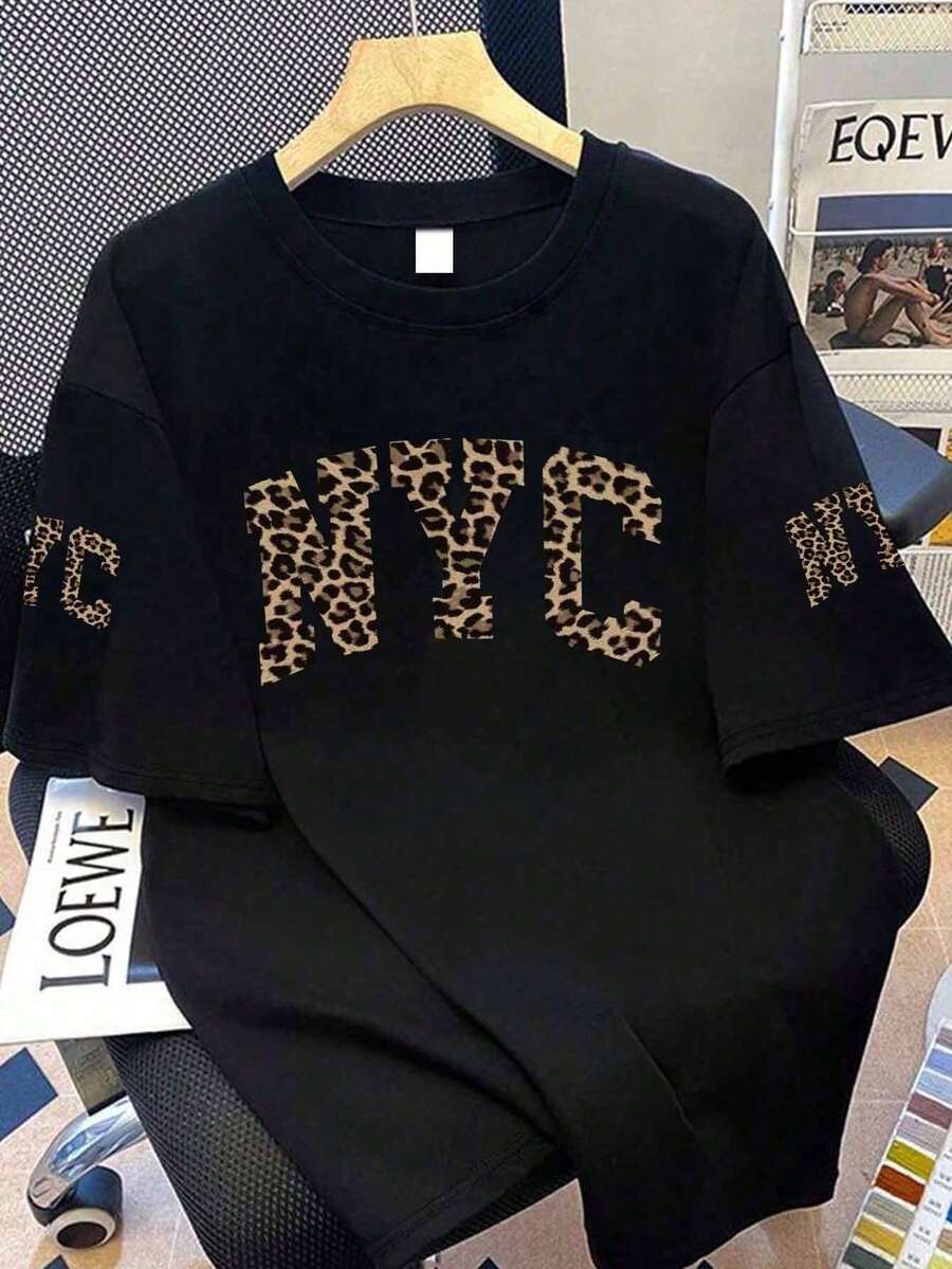 Women's Leopard Print Letter Graphic Loose T-Shirt - Comfortable Short Sleeve Casual Tee, Machine Washable, Essential For Daily Wear, Oversized Fit, Unisex, Streetwear Style, Suitable For School, Vacation, Shopping, Workout And More - Black - View 1