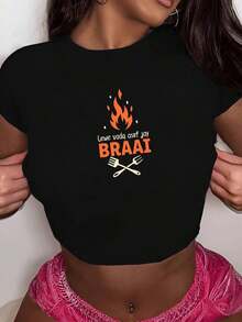 Afrikaans English Braai Quote Grill Fashionable Women's Short Sleeve T-Shirts - Black - View 6