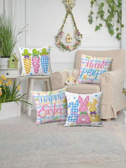 4pcs Easter Decorative Pillow Covers, Short Plush Square Rabbit & Easter Egg Printed Pillow Covers, 45*45cm Size, Colorful Easter Greetings Printed Pattern Pillow Covers, Easter Home Decor, Room Decor, Soft Pillow Covers For Sofa And Chair, Easter Backdrop Decor, Party Scene Decor, Pillow Inserts Not Included.