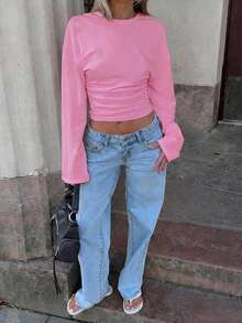 Nueva blusa elegante de manga larga con cuello redondo y volantes de unicolor, adecuada para vacaciones, citas, escuela, viajes y uso diario en primavera - rosa - Ver 4