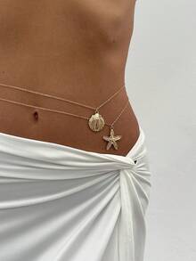 2pcs/Set Ocean Holiday Geometric Chain, Metal Starfish & Seashell Pendant Charm Jewelry Waist Chain, Elegant Luxury, Suitable For Wedding, Party, Beach, Casual, Bikini, Couple, Birthday, Versatile Gift - Color Mixing - View 8