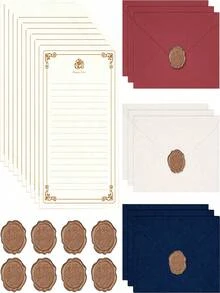 A5复古玫瑰色加厚信纸，亚麻纹理信封，带火漆印章 | 100克防水材质 | 多种颜色可选 | 适合书写、日记和情书 | 可用于制作文具、婚礼请柬、贺卡、明信片、学习用品和返校用品 - 彩色 - 查看 8