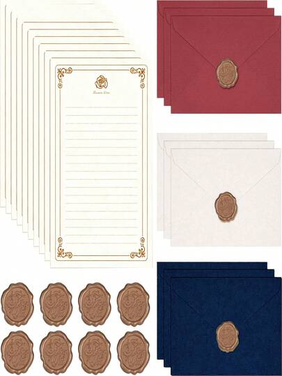 A5 Vintage Rose Heavy Weight Stationery Paper, Linen Texture Envelopes With Wax Seal Stamp | 100g Waterproof Material | Multiple Colors Available | Suitable For Handwriting, Journals, And Love Letters | Applicable For Stationery, Wedding Invitations, Greeting Cards, Postcards, School Supplies And Back To School