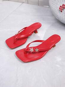 Dép lê quai ngang rộng, mũi vuông bằng da mềm, dép xỏ ngón gót thấp, dép cao gót đa năng dành cho nữ. - Đỏ - Xem 2