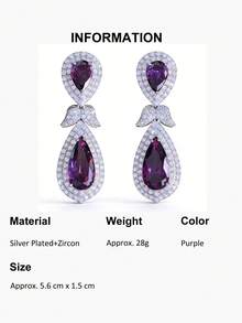 1 Pair Luxurious Purple Water Drop Cubic Zirconia Long Leaf Dangle Earrings, Silver Plated CZ Women Elegant Jewelry For Brides, Bridesmaids, Engagement, Banquet, Party, Prom, Valentine's Gift - Purple - View 11