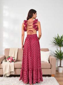 Vestido de gasa con estampado floral de lunares, con espalda descubierta, cruzado, fruncido, cola de pez y cremallera oculta, para fiestas de primavera/verano - Burdeos - Ver 1
