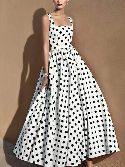 Đầm hai dây cạp cao chấm bi cổ điển, đầm cạp cao thanh lịch kiểu retro, đầm đi biển thường ngày đa năng có khóa kéo mùa hè