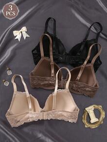Hersunei 3件装多色性感蕾丝舒适钢圈聚拢文胸（女士） - 彩色 - 查看 4