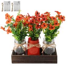 Rustic Wedding & Home Centerpiece: 3-Piece Mason Jar Vase Set On Decorative Wooden Tray – Farmhouse Kitchen, Dining Room, Living Room Decor - 橙色(雛菊) - 查看 7