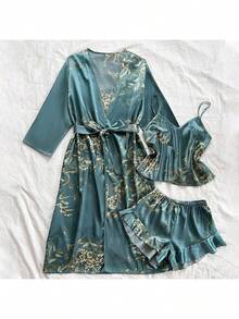 5pcs Women Sleepwear Set Including Spaghetti Strap Robe, Nightgown, Thin Jacket, Mid-Length Sleepwear, Bathrobe, Suitable For All Seasons - Malachite Green - View 31
