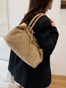 时尚新款复古哑光大容量通勤单肩腋下手提包（女士款） - 卡其色 - 查看 4