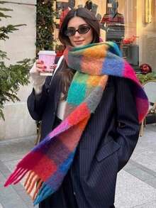 1 chiếc khăn choàng cổ cashmere giả kẻ caro cổ điển dành cho nữ, thời trang thu đông sang trọng, dày dặn và ấm áp, thích hợp cho các hoạt động ngoài trời hàng ngày, ngày tuyết rơi, đi bộ đường dài, hẹn hò và tụ tập vào mùa đông - Nhiều màu - Xem 12